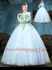 Floor Length Light Blue Sweet 16 Dresses Scoop Long Sleeves Lace Up