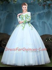 Floor Length Light Blue Sweet 16 Dresses Scoop Long Sleeves Lace Up