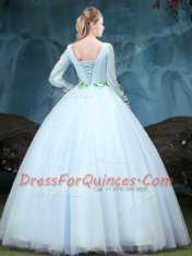 Floor Length Light Blue Sweet 16 Dresses Scoop Long Sleeves Lace Up