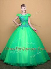 Turquoise Tulle Lace Up Scoop Short Sleeves Floor Length Quince Ball Gowns Appliques