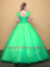 Turquoise Tulle Lace Up Scoop Short Sleeves Floor Length Quince Ball Gowns Appliques