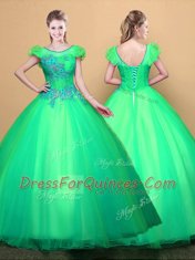 Turquoise Tulle Lace Up Scoop Short Sleeves Floor Length Quince Ball Gowns Appliques