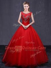 Scoop Red Sleeveless Tulle Lace Up Quince Ball Gowns for Military Ball and Sweet 16 and Quinceanera