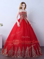 Sexy Red Ball Gowns Tulle Strapless Sleeveless Appliques and Sequins Floor Length Lace Up Quinceanera Dress