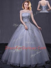 Scoop Tulle Cap Sleeves Floor Length Quinceanera Gowns and Beading and Belt
