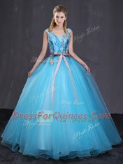 Appliques and Belt Sweet 16 Dress Blue Lace Up Sleeveless Floor Length