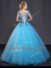 Appliques and Belt Sweet 16 Dress Blue Lace Up Sleeveless Floor Length