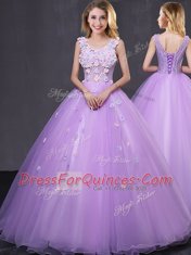 Lavender Lace Up V-neck Lace and Appliques Vestidos de Quinceanera Tulle Sleeveless