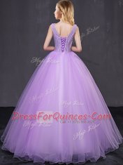 Lavender Lace Up V-neck Lace and Appliques Vestidos de Quinceanera Tulle Sleeveless