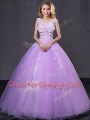 Lavender Lace Up V-neck Lace and Appliques Vestidos de Quinceanera Tulle Sleeveless
