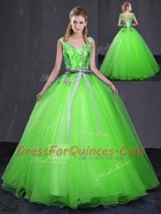 Eye-catching Ball Gowns V-neck Sleeveless Tulle Floor Length Lace Up Appliques and Belt 15th Birthday Dress