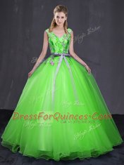 Eye-catching Ball Gowns V-neck Sleeveless Tulle Floor Length Lace Up Appliques and Belt 15th Birthday Dress