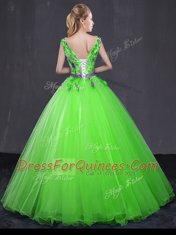 Eye-catching Ball Gowns V-neck Sleeveless Tulle Floor Length Lace Up Appliques and Belt 15th Birthday Dress