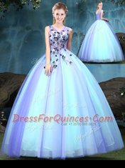 Enchanting Multi-color Tulle Lace Up Quince Ball Gowns Sleeveless Floor Length Appliques