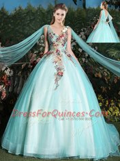 Aqua Blue Sleeveless Tulle Brush Train Lace Up Quinceanera Dress for Military Ball and Sweet 16 and Quinceanera