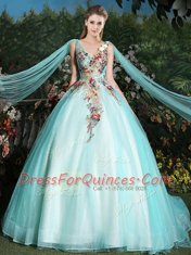 Aqua Blue Sleeveless Tulle Brush Train Lace Up Quinceanera Dress for Military Ball and Sweet 16 and Quinceanera