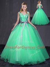Wonderful Turquoise V-neck Neckline Appliques and Belt Sweet 16 Dresses Sleeveless Lace Up