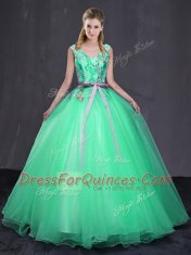 Wonderful Turquoise V-neck Neckline Appliques and Belt Sweet 16 Dresses Sleeveless Lace Up