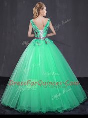 Wonderful Turquoise V-neck Neckline Appliques and Belt Sweet 16 Dresses Sleeveless Lace Up
