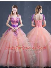 High Class Watermelon Red Organza Lace Up V-neck Sleeveless Floor Length Quinceanera Gowns Appliques