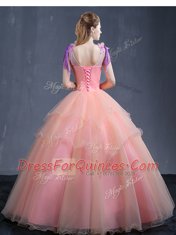 High Class Watermelon Red Organza Lace Up V-neck Sleeveless Floor Length Quinceanera Gowns Appliques