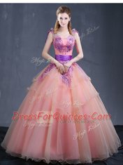 High Class Watermelon Red Organza Lace Up V-neck Sleeveless Floor Length Quinceanera Gowns Appliques