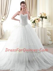 Sleeveless Tulle With Brush Train Lace Up Quince Ball Gowns in White with Beading