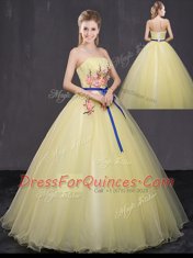 Sumptuous Strapless Sleeveless Tulle 15th Birthday Dress Appliques Lace Up