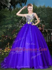 Charming Blue Zipper Scoop Appliques and Belt 15 Quinceanera Dress Organza Sleeveless Brush Train