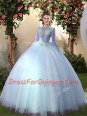 Low Price Big Puffy Light Blue A-line Appliques Quinceanera Gown Lace Up Tulle Long Sleeves Floor Length
