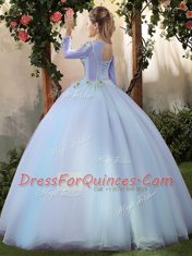 Low Price Big Puffy Light Blue A-line Appliques Quinceanera Gown Lace Up Tulle Long Sleeves Floor Length