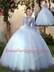 Low Price Big Puffy Light Blue A-line Appliques Quinceanera Gown Lace Up Tulle Long Sleeves Floor Length