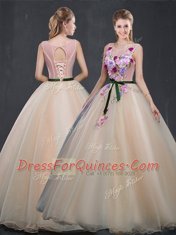 Romantic Champagne Lace Up Scoop Appliques Quinceanera Gowns Organza Sleeveless