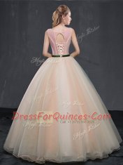 Romantic Champagne Lace Up Scoop Appliques Quinceanera Gowns Organza Sleeveless
