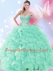 Deluxe Apple Green Ball Gowns Organza Sweetheart Sleeveless Beading and Ruffles Floor Length Lace Up Quinceanera Dress