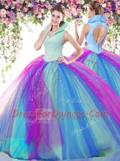 Nice Backless Multi-color Sleeveless Beading Floor Length 15th Birthday Dress