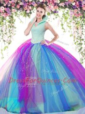 Nice Backless Multi-color Sleeveless Beading Floor Length 15th Birthday Dress