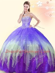 Sleeveless Floor Length Beading Lace Up Quinceanera Dress with Multi-color