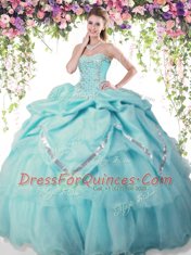 Custom Designed Aqua Blue Organza and Taffeta Lace Up 15 Quinceanera Dress Sleeveless Floor Length Beading and Pick Ups