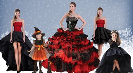 Artistic Red And Black Lace Up Sweetheart Beading and Ruffled Layers Ball Gown Prom Dress Satin and Organza Sleeveless