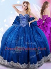 Elegant Royal Blue Lace Up Quinceanera Gowns Beading and Lace and Bowknot Sleeveless Floor Length