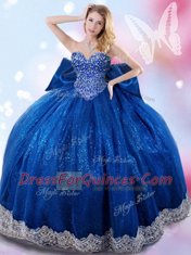 Elegant Royal Blue Lace Up Quinceanera Gowns Beading and Lace and Bowknot Sleeveless Floor Length
