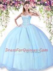 Light Blue Sleeveless Beading Floor Length Quinceanera Gown