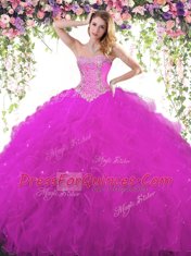 Sleeveless Tulle Floor Length Lace Up 15th Birthday Dress in Fuchsia with Beading