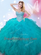 Popular Beading Quinceanera Gowns Teal Lace Up Sleeveless Floor Length