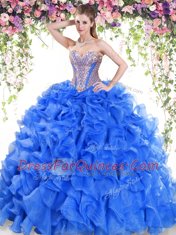Blue Quinceanera Gowns Organza Sweep Train Sleeveless Beading and Ruffles