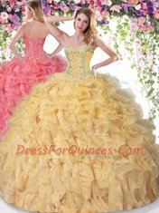 Latest Gold Ball Gowns Organza Sweetheart Sleeveless Beading and Ruffles Floor Length Lace Up Sweet 16 Dress
