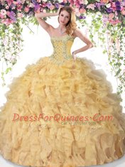 Latest Gold Ball Gowns Organza Sweetheart Sleeveless Beading and Ruffles Floor Length Lace Up Sweet 16 Dress