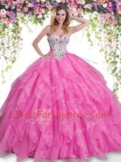 Floor Length Hot Pink 15 Quinceanera Dress Organza Sleeveless Beading and Ruffles