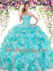 Glorious Blue And White Sweetheart Lace Up Beading and Ruffles Sweet 16 Dresses Sleeveless